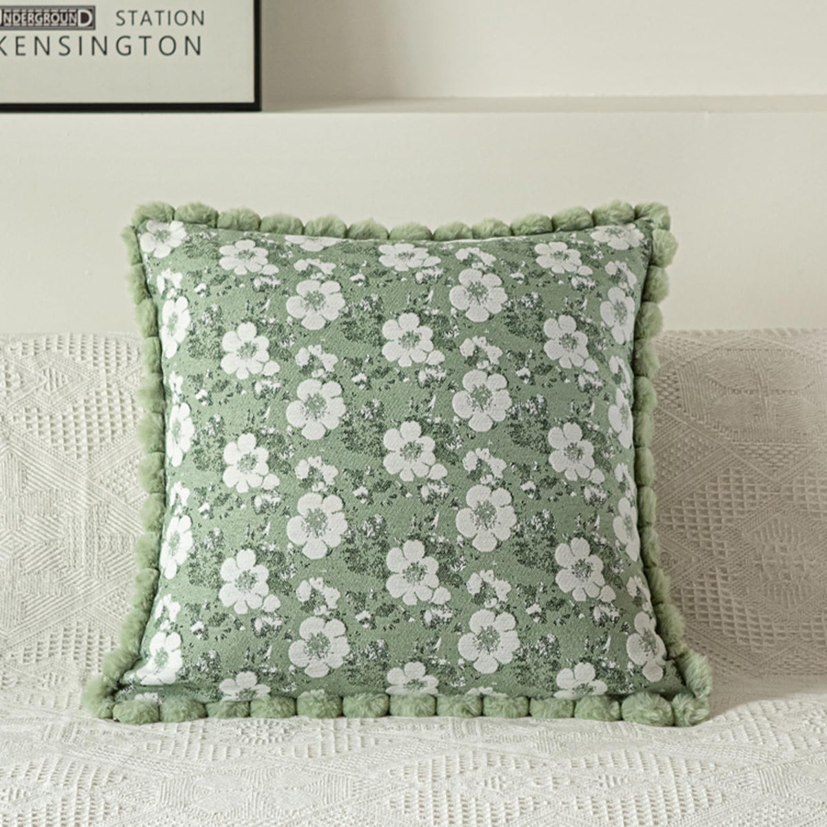 Floral Jacquard Pillow Covers with Pom-Pom Trim - Sage Green
