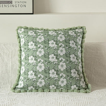 Floral Jacquard Pillow Covers with Pom-Pom Trim - Sage Green