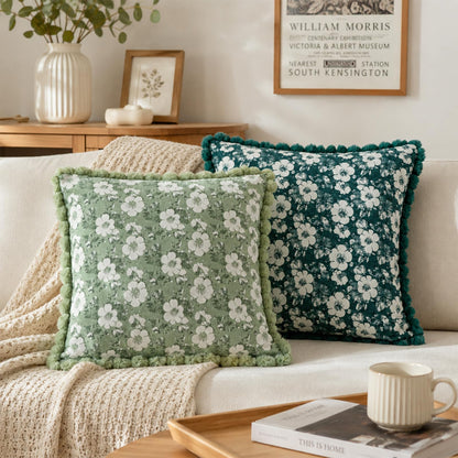Floral Jacquard Pillow Covers with Pom-Pom Trim - Sage Green