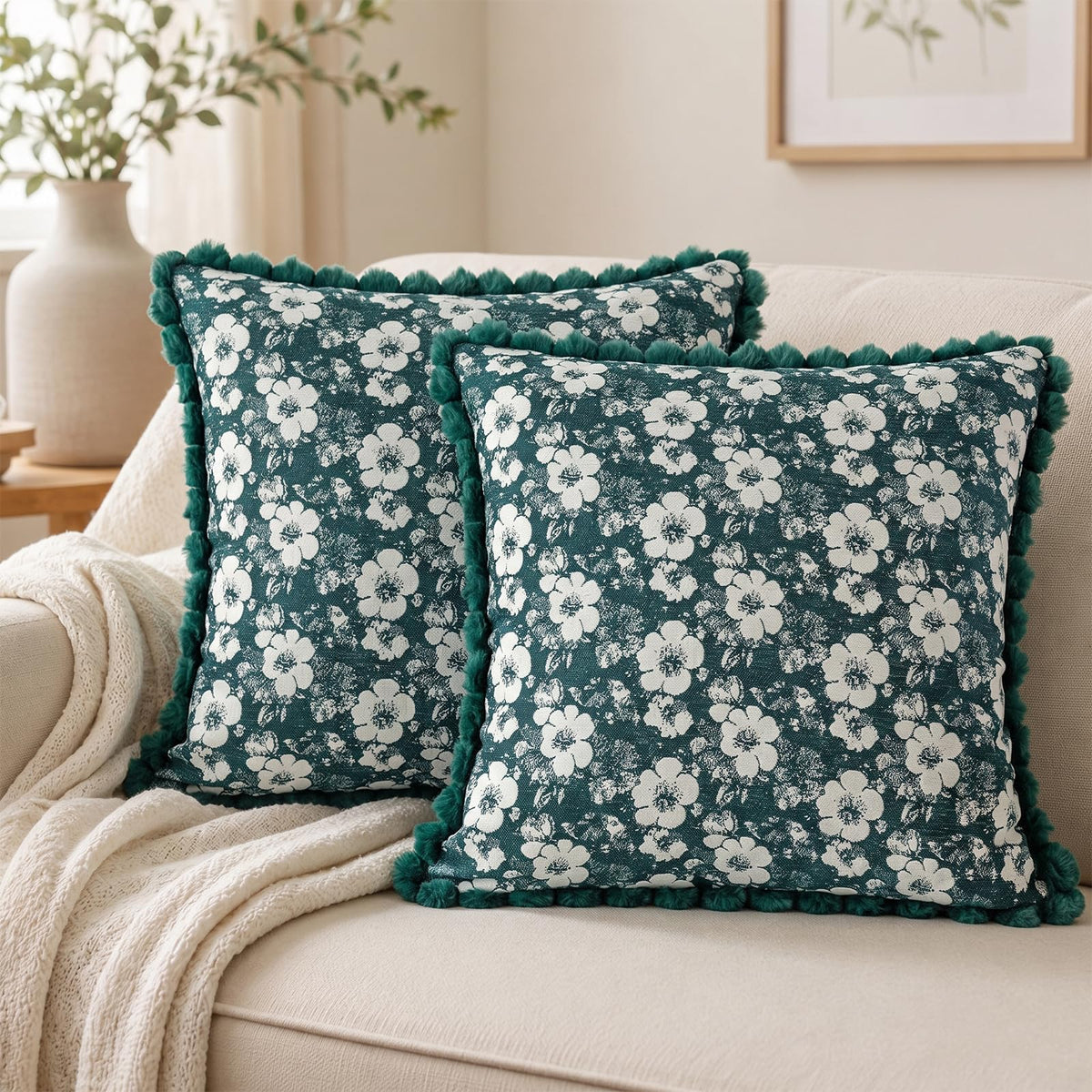 Floral Jacquard Pillow Covers with Pom-Pom Trim - Emerald Green