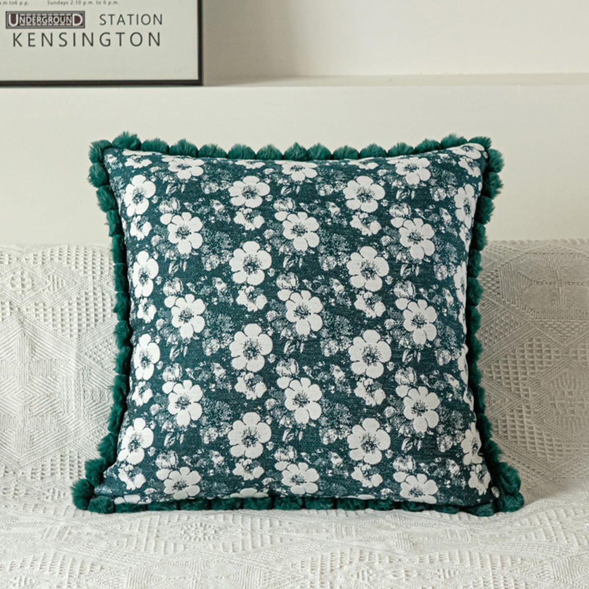 Floral Jacquard Pillow Covers with Pom-Pom Trim - Emerald Green