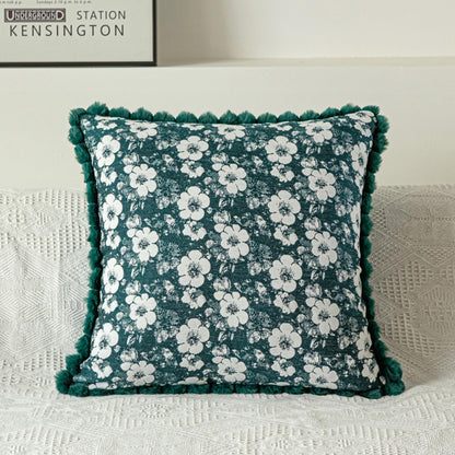 Floral Jacquard Pillow Covers with Pom-Pom Trim - Emerald Green