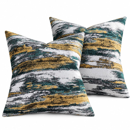 Teal and Gold Abstract Jacquard Pillow Covers - Abstract Jacquard
