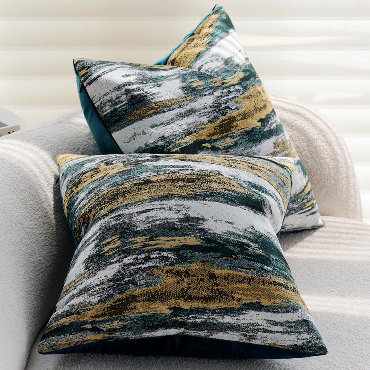 Teal and Gold Abstract Jacquard Pillow Covers - Abstract Jacquard