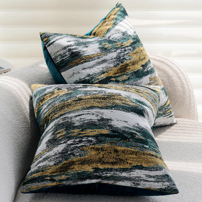 Teal and Gold Abstract Jacquard Pillow Covers - Abstract Jacquard
