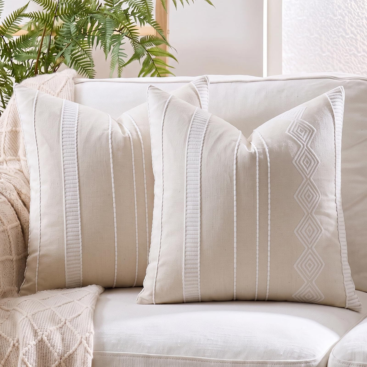 Embroidered Cotton-Blend Pillow Covers - Beige White