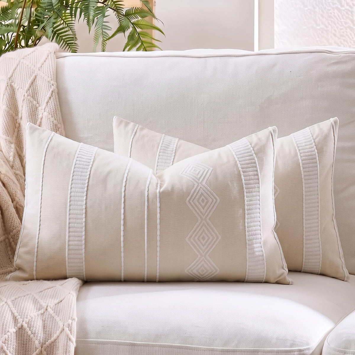 Embroidered Cotton-Blend Pillow Covers - Beige White