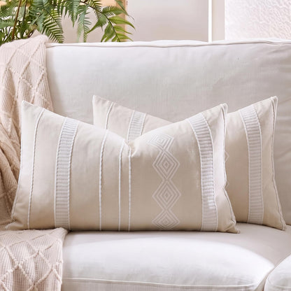 Embroidered Cotton-Blend Pillow Covers - Beige White