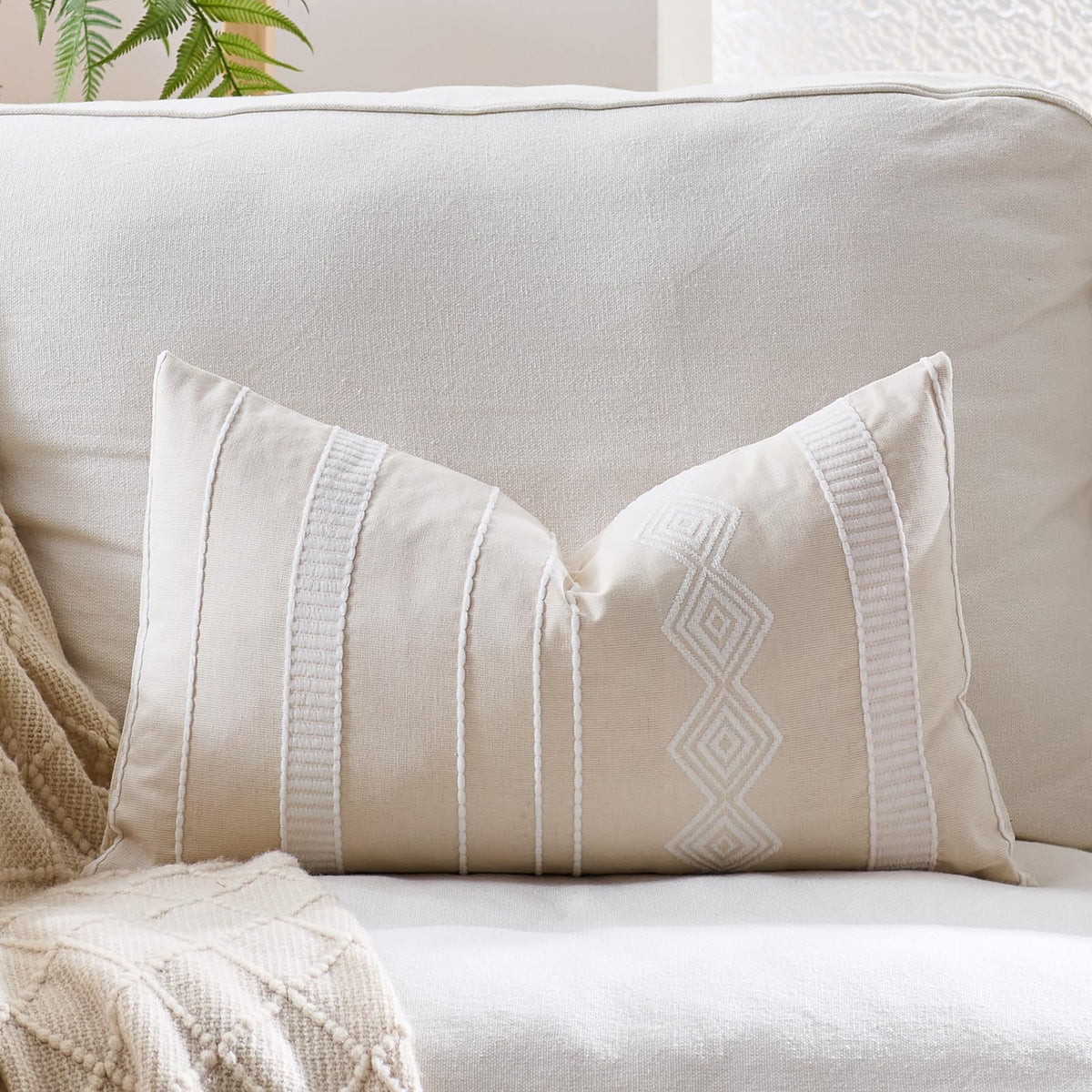 Embroidered Cotton-Blend Pillow Covers - Beige White