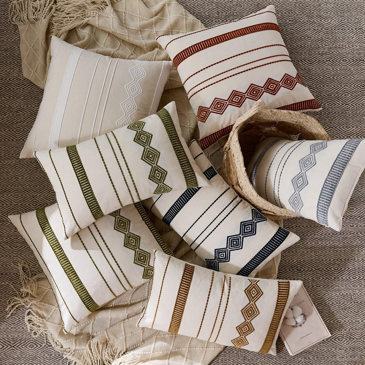 Embroidered Cotton-Blend Pillow Covers - Beige White