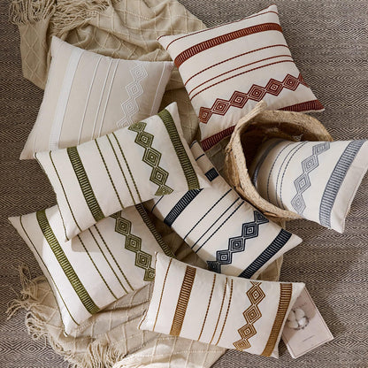 Embroidered Cotton-Blend Pillow Covers - Beige White