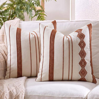 Embroidered Cotton-Blend Pillow Covers - Rust