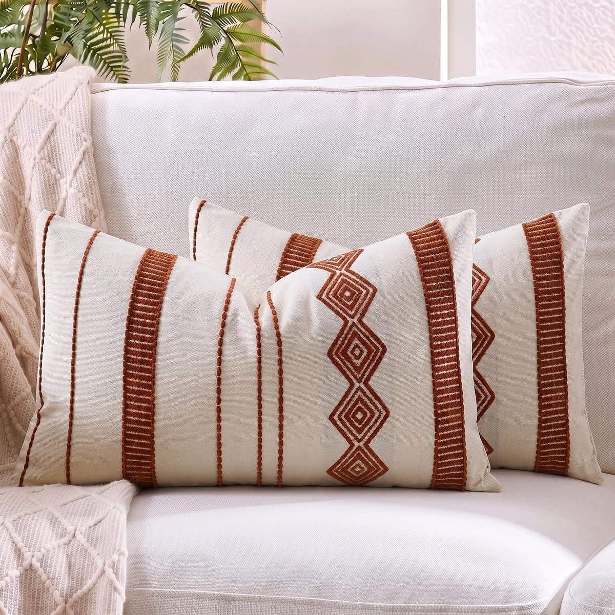 Embroidered Cotton-Blend Pillow Covers - Rust