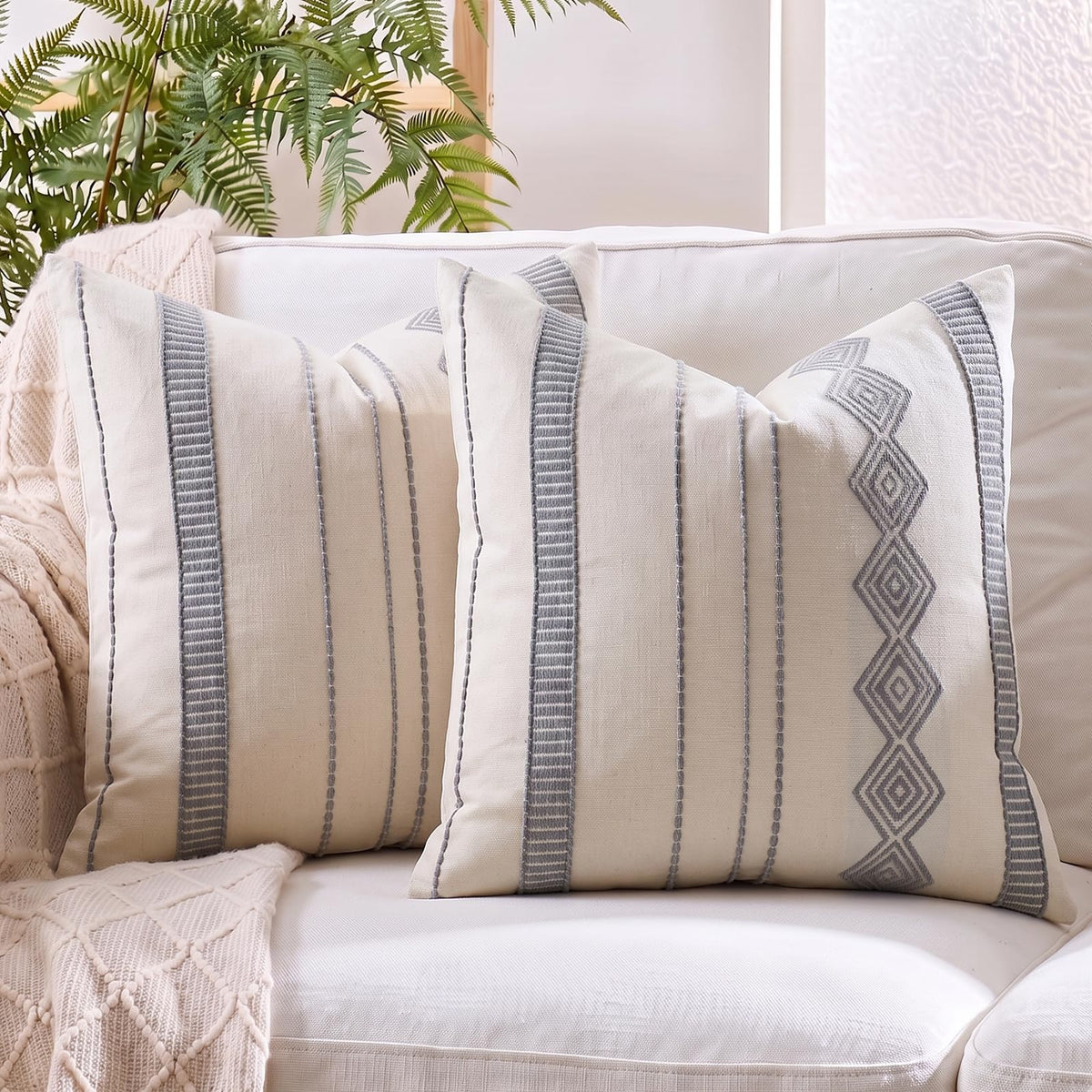 Embroidered Cotton-Blend Pillow Covers - Blue Grey