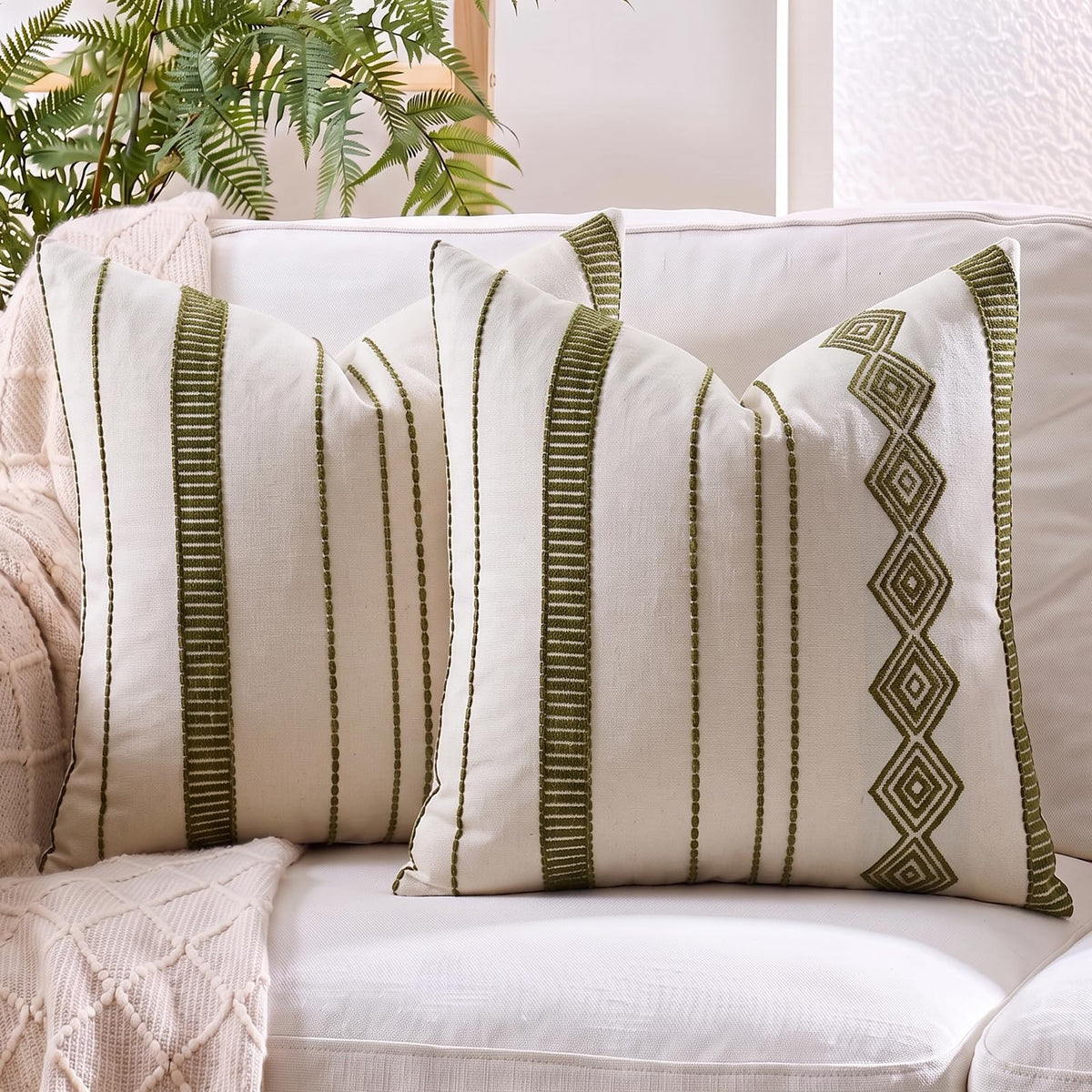 Embroidered Cotton-Blend Pillow Covers - Olive Green
