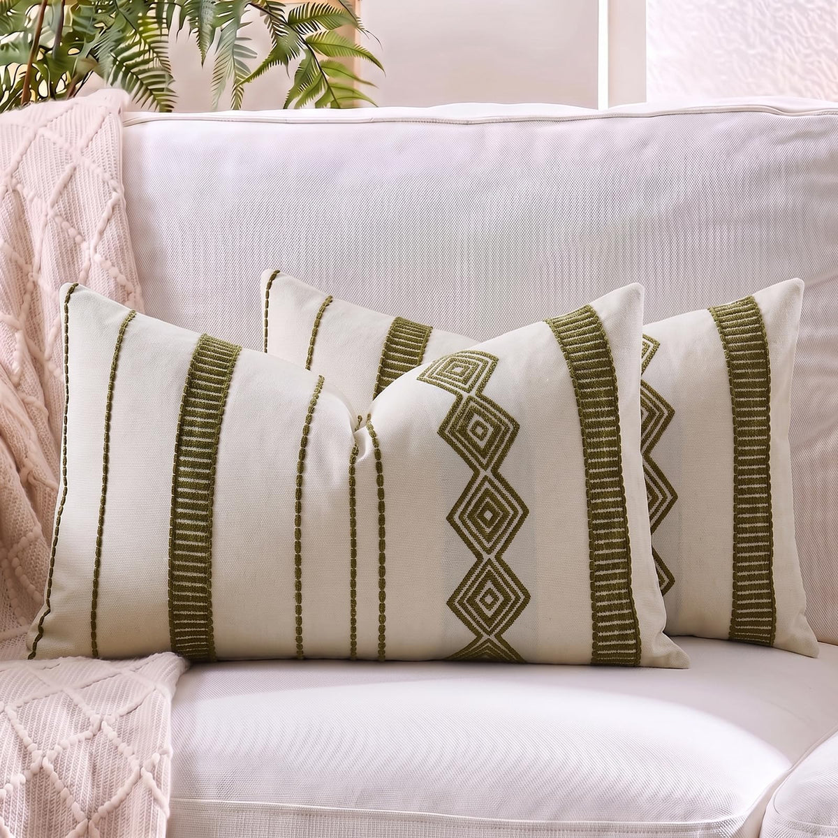 Embroidered Cotton-Blend Pillow Covers - Olive Green