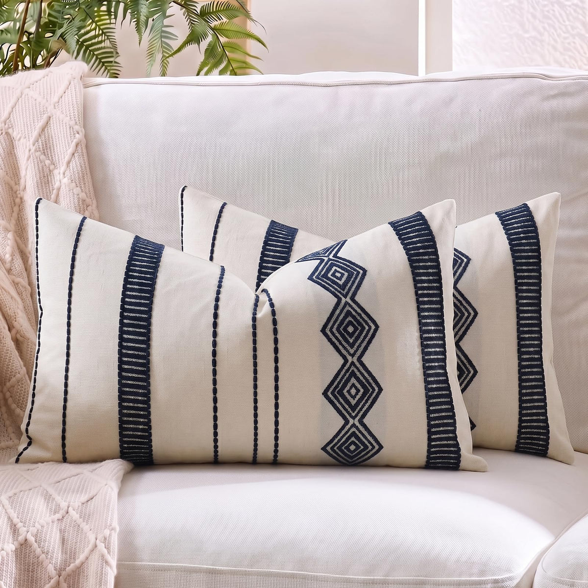 Embroidered Cotton-Blend Pillow Covers - Navy Blue