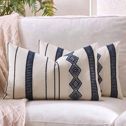 Embroidered Cotton-Blend Pillow Covers - Navy Blue