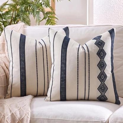 Embroidered Cotton-Blend Pillow Covers - Navy Blue