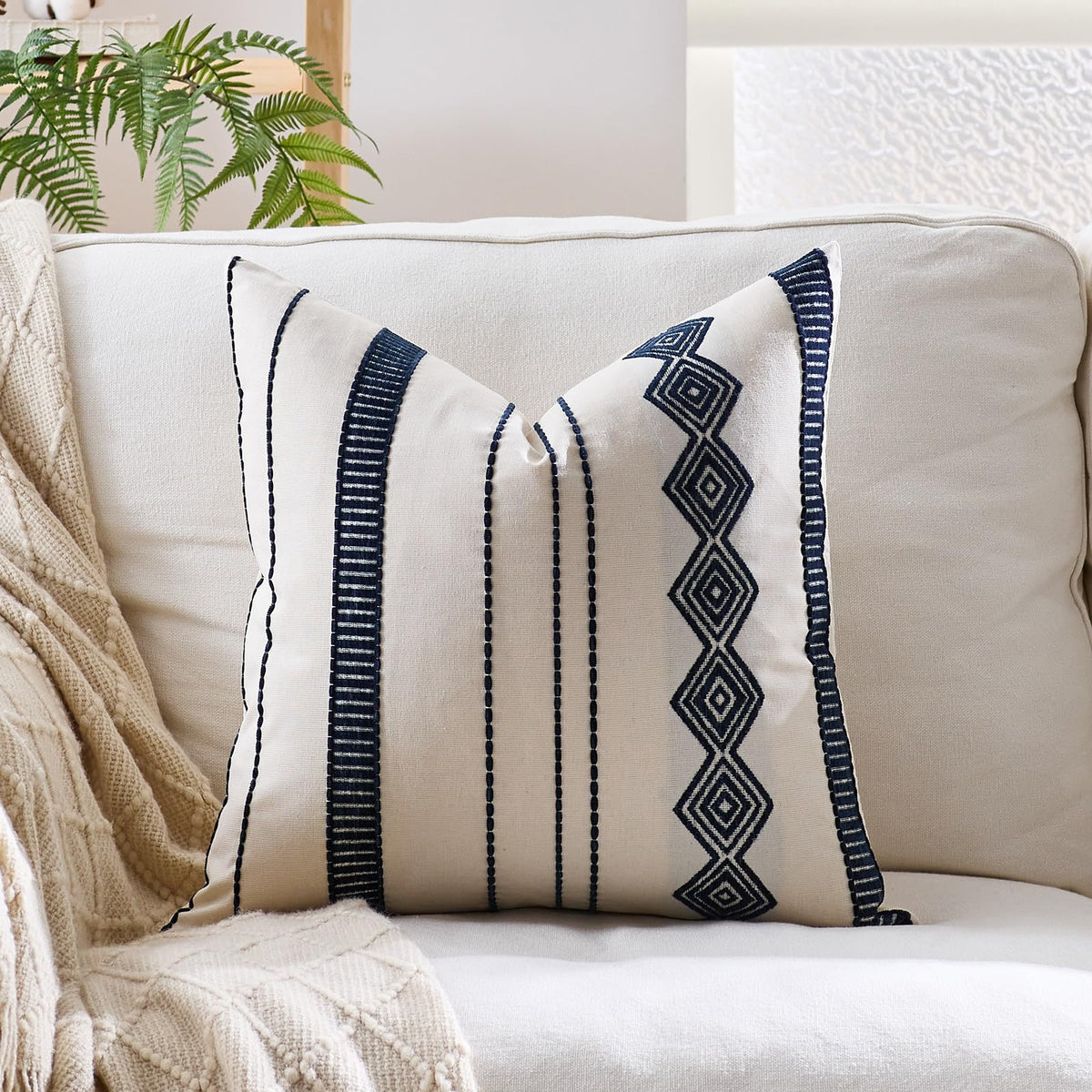 Embroidered Cotton-Blend Pillow Covers - Navy Blue