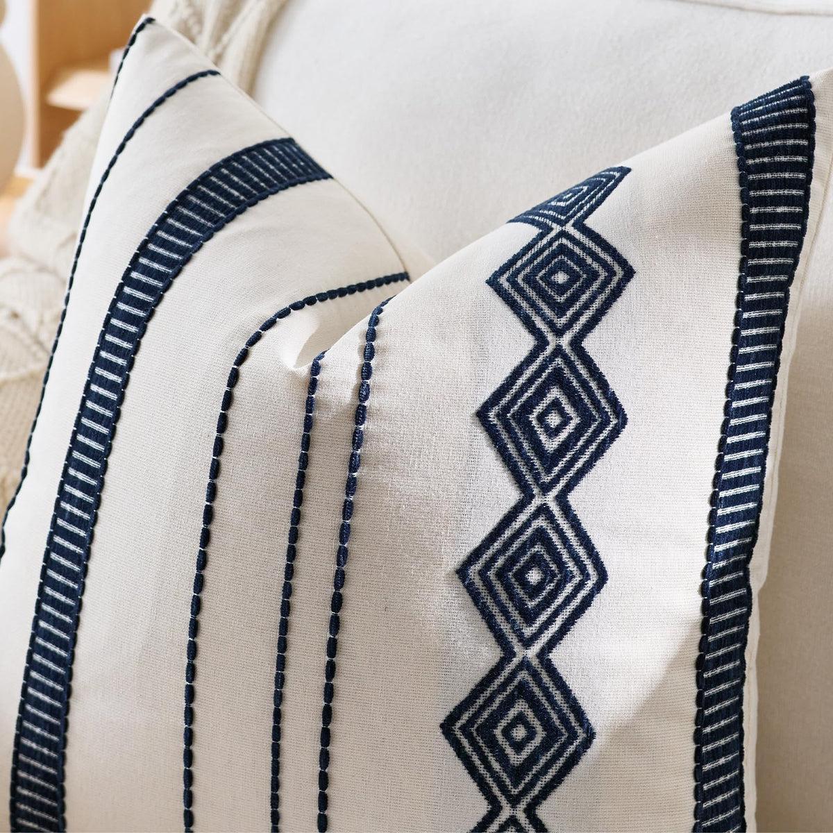 Embroidered Cotton-Blend Pillow Covers - Navy Blue
