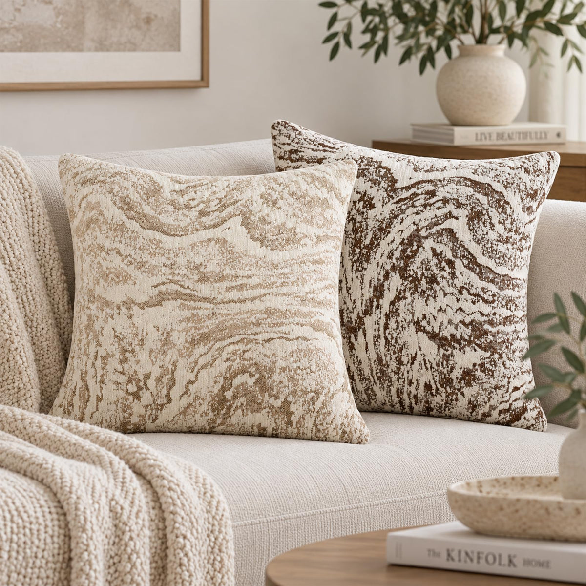 Abstract Marble Chenille Pillow Covers - Beige