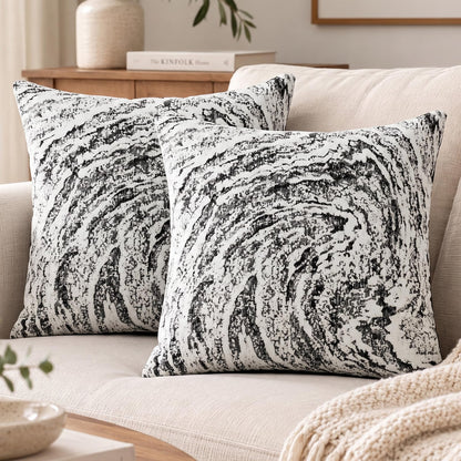 Abstract Marble Chenille Pillow Covers - Black White