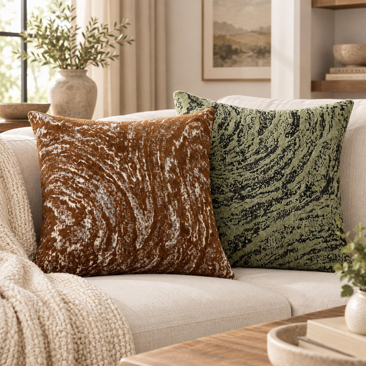 Abstract Marble Chenille Pillow Covers - Caramel