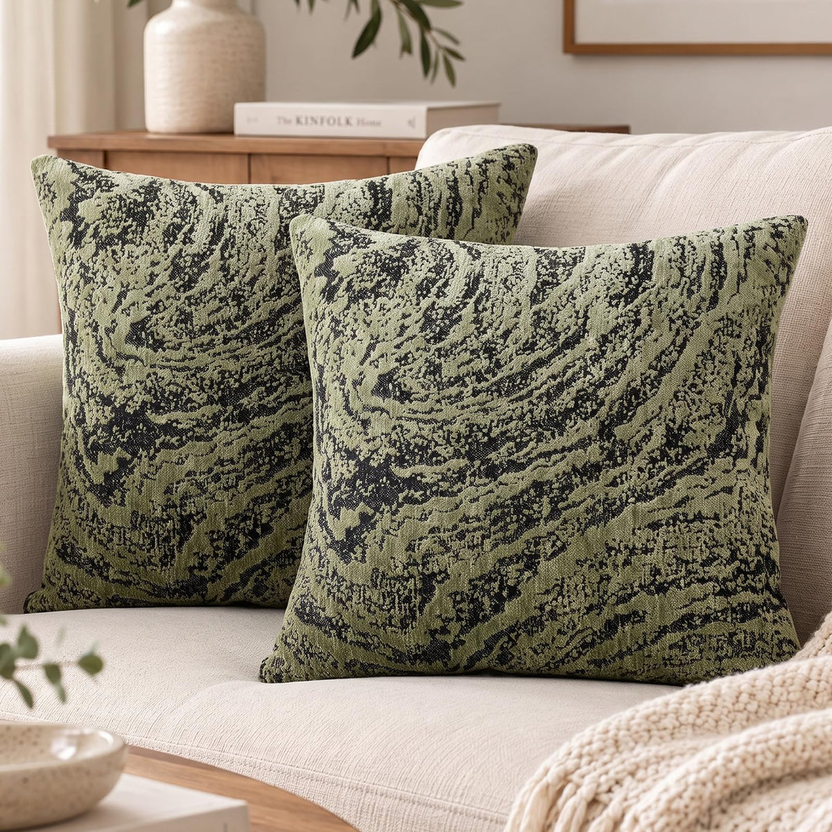 Abstract Marble Chenille Pillow Covers - Olive green