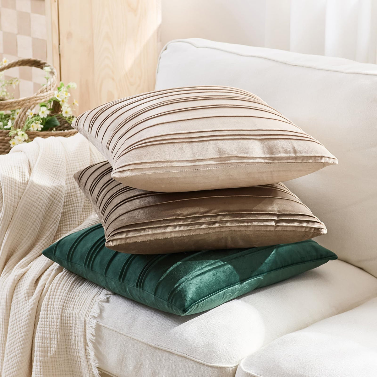 Pinch-Pleat Velvet Pillow Covers - Beige