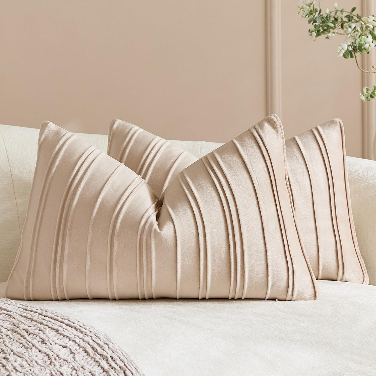 Pinch-Pleat Velvet Pillow Covers - Beige