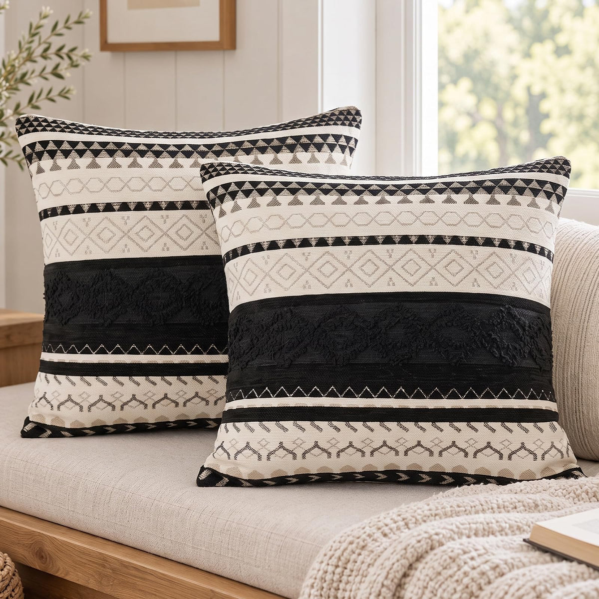 Boho Geometric Chenille Pillow Covers - Black Ivory