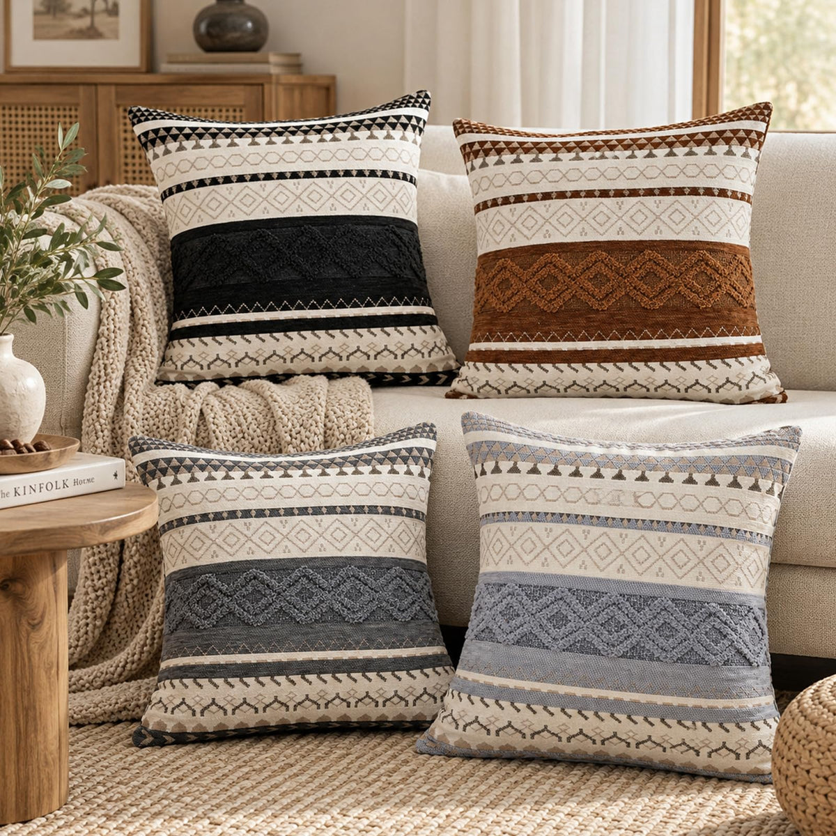 Boho Geometric Chenille Pillow Covers - Black Ivory