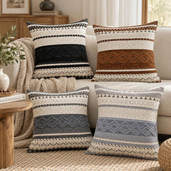 Boho Geometric Chenille Pillow Covers - Black Ivory