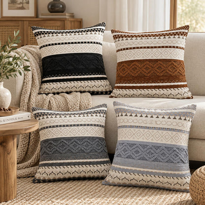 Boho Geometric Chenille Pillow Covers - Black Ivory