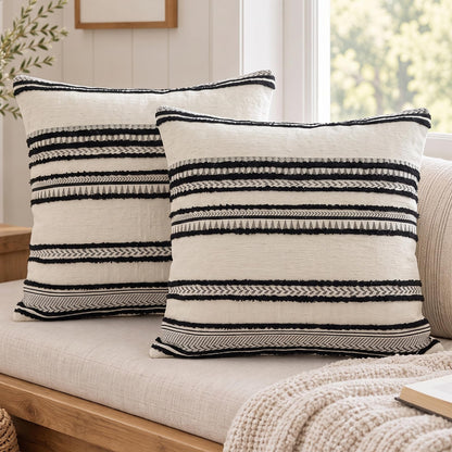 Boho Geometric Chenille Pillow Covers - Beige White