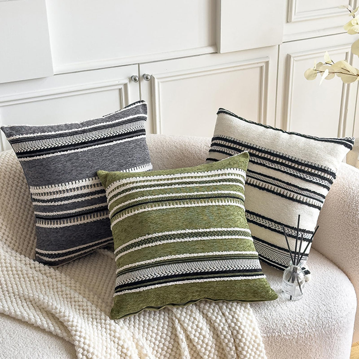 Boho Geometric Chenille Pillow Covers - Beige White