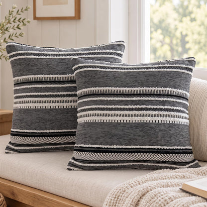 Boho Geometric Chenille Pillow Covers - Charcoal Grey 3