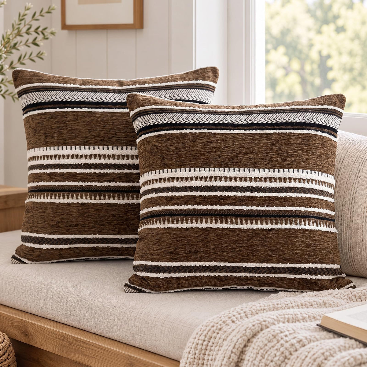 Boho Geometric Chenille Pillow Covers - Coffee Brown
