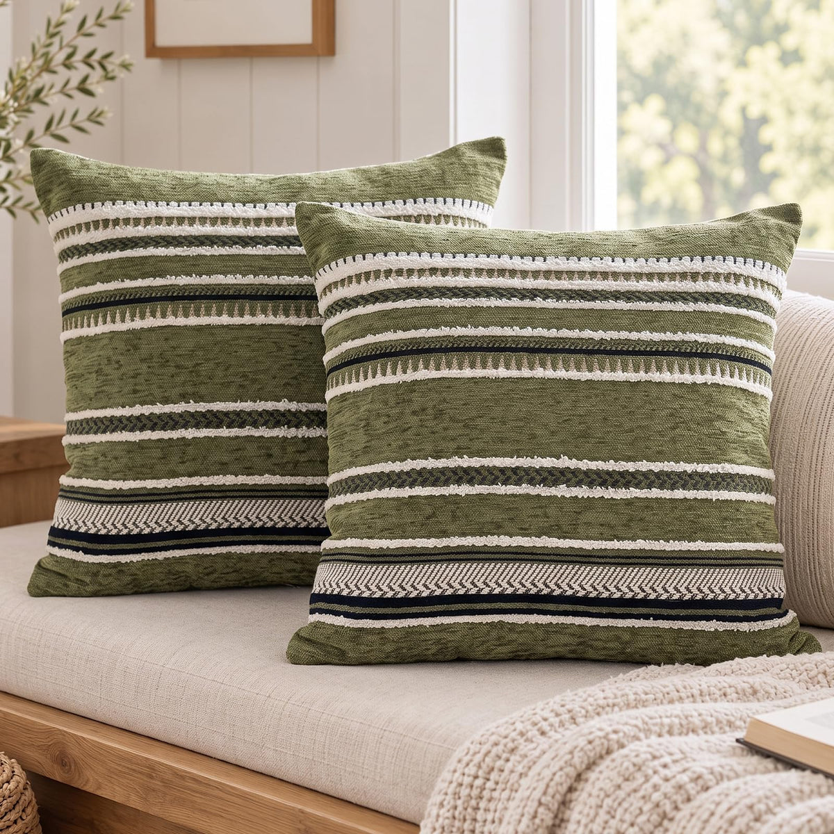Boho Geometric Chenille Pillow Covers - Olive Green