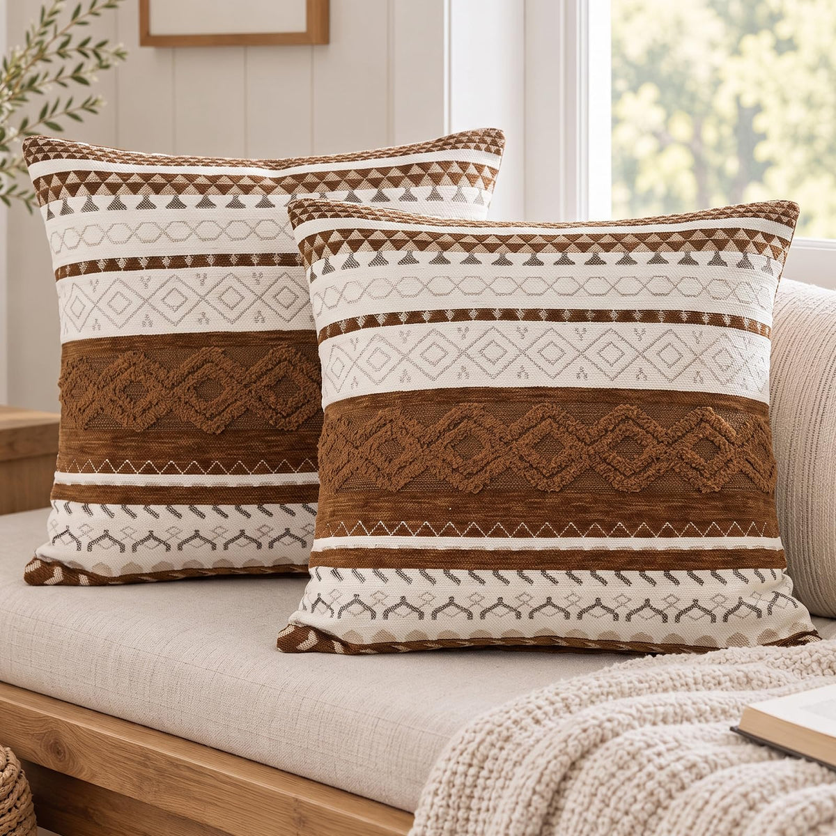 Boho Geometric Chenille Pillow Covers - Rust Brown 1