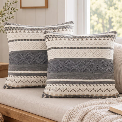 Boho Geometric Chenille Pillow Covers - Charcoal Grey 1