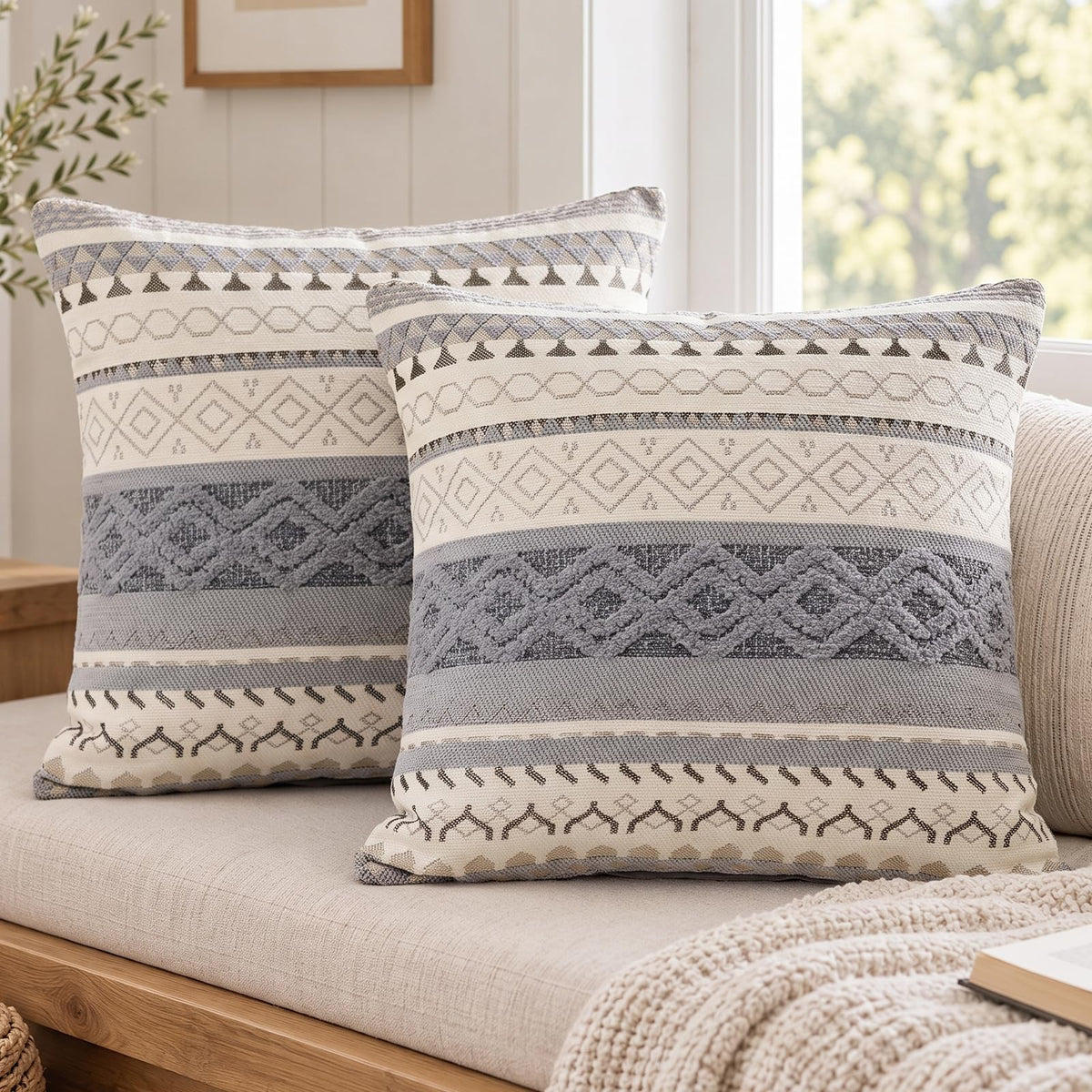 Boho Geometric Chenille Pillow Covers - Slate Grey