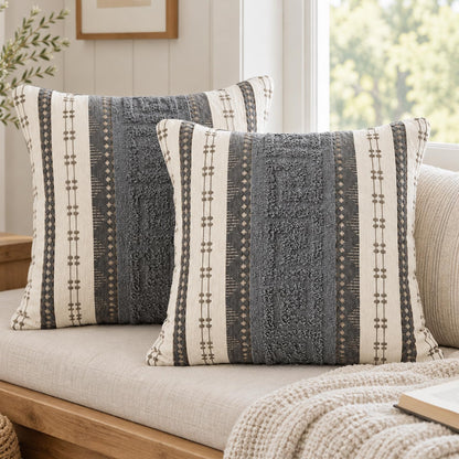 Boho Geometric Chenille Pillow Covers - Charcoal Grey 2