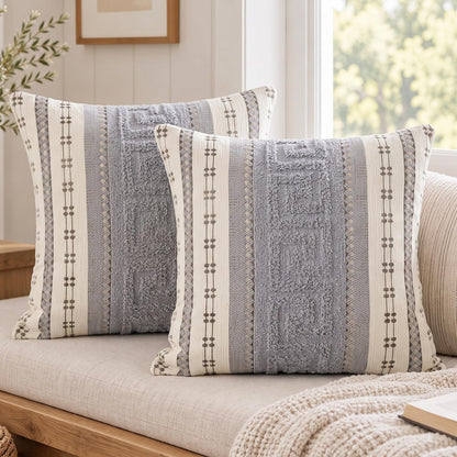Boho Geometric Chenille Pillow Covers - Light Grey
