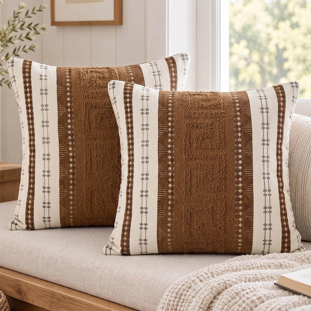 Boho Geometric Chenille Pillow Covers - Rust Brown 2