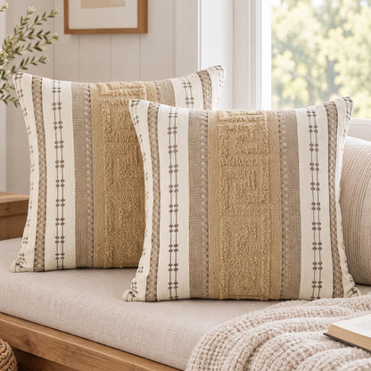 Boho Geometric Chenille Pillow Covers - Oatmeal Tan