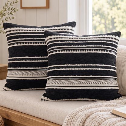 Boho Geometric Chenille Pillow Covers - Black White