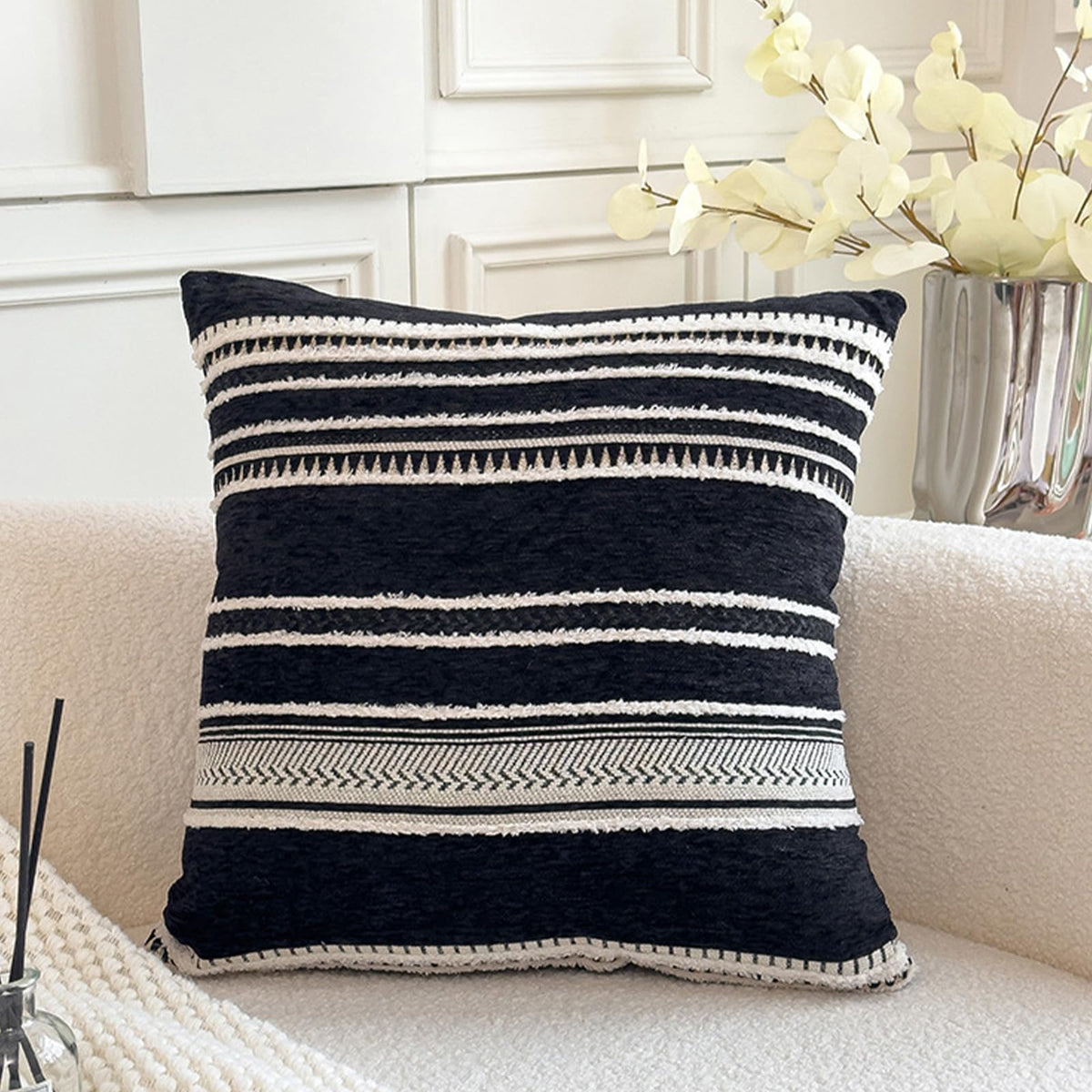 Boho Geometric Chenille Pillow Covers - Black White