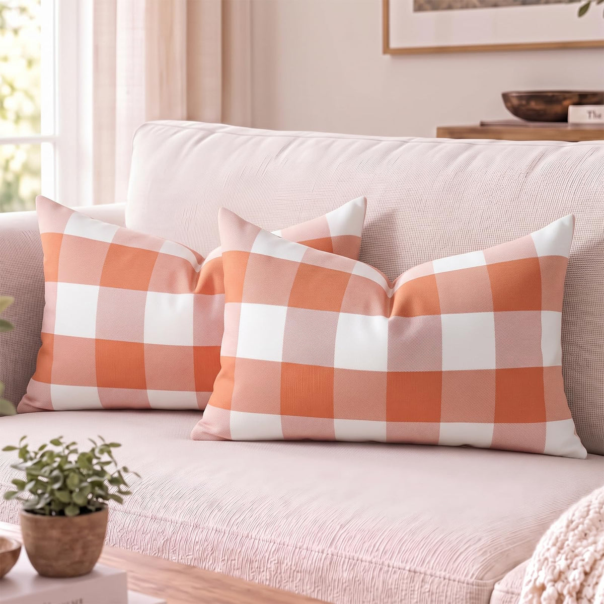 Yarn-Dyed Gingham Pillow Covers - Rust Orange Checkered